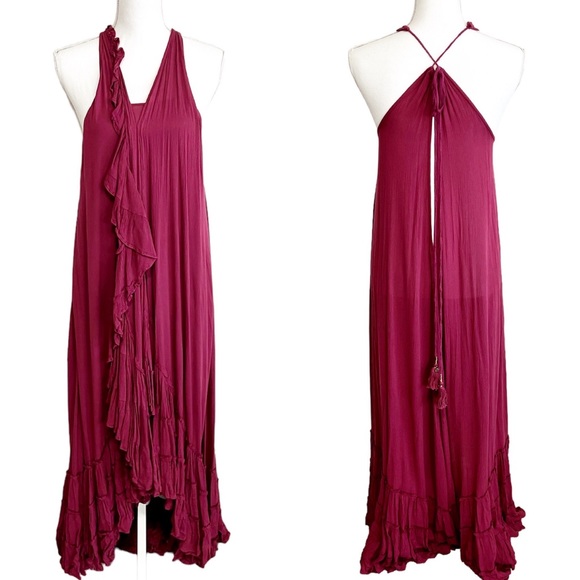 Free People Tiered Summer Wrap Around Ruffle Maxi Dress Red Berry Size XS - Picture 4 of 9